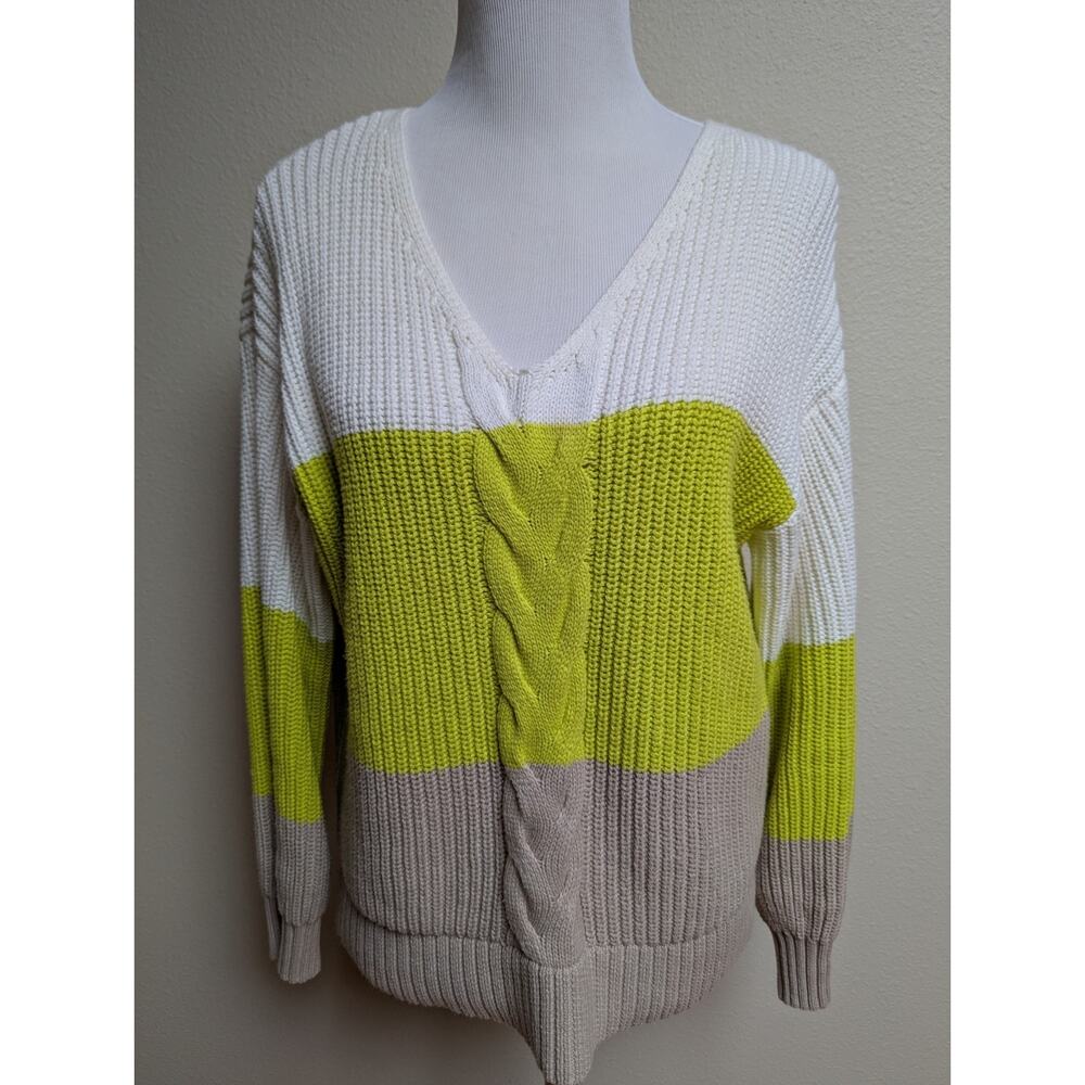 Colorblock Cable-Knit Pullover Sweater | V-Neck Long Sleeve | White Yellow Beige